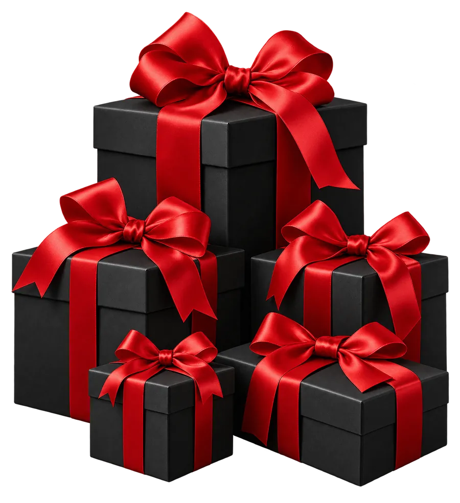 چند جعبه هدیه مشکی با روبان قرمز